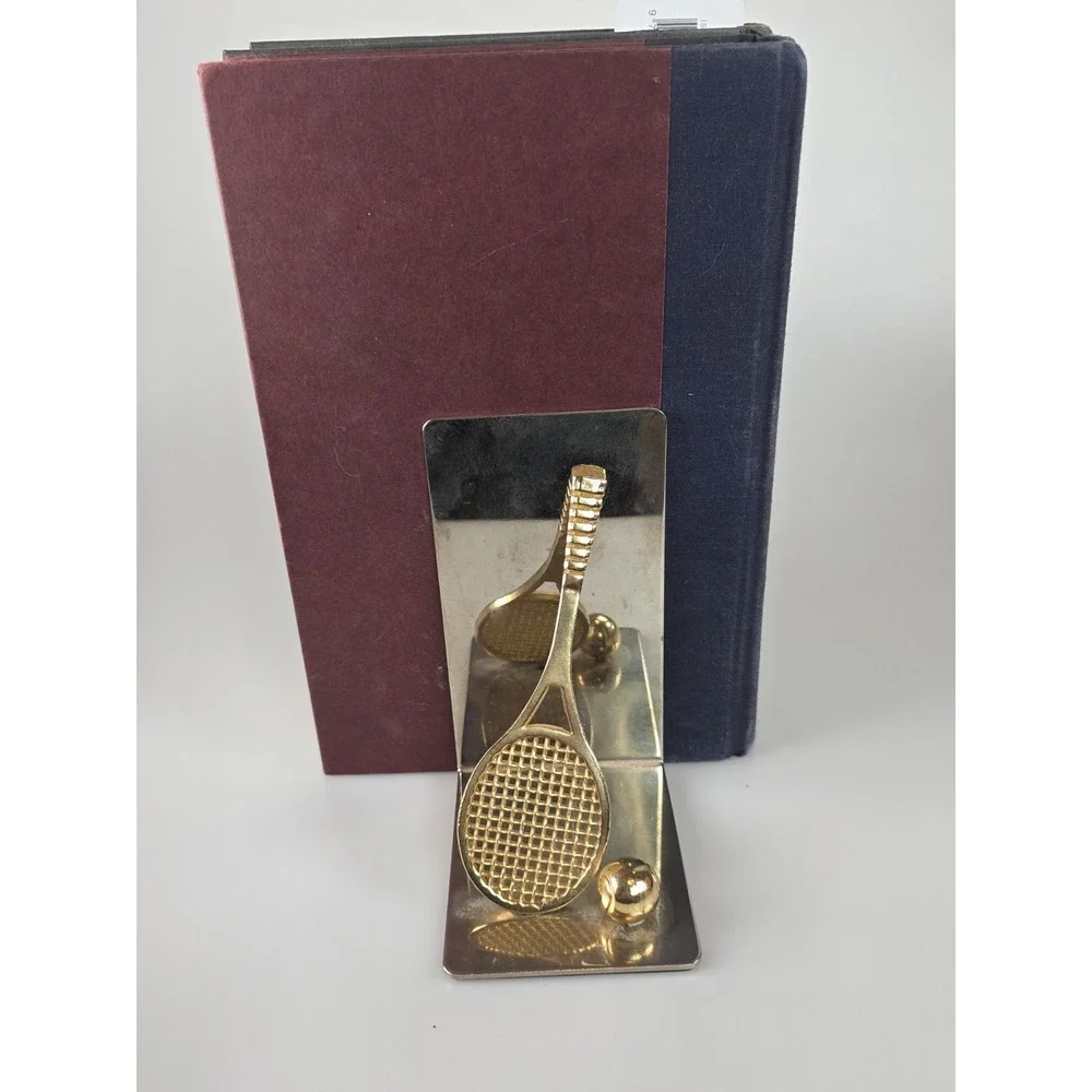 Pair Of Vintage Polished Brass and Chrome Tennis Racket Bookend Decor Figurine